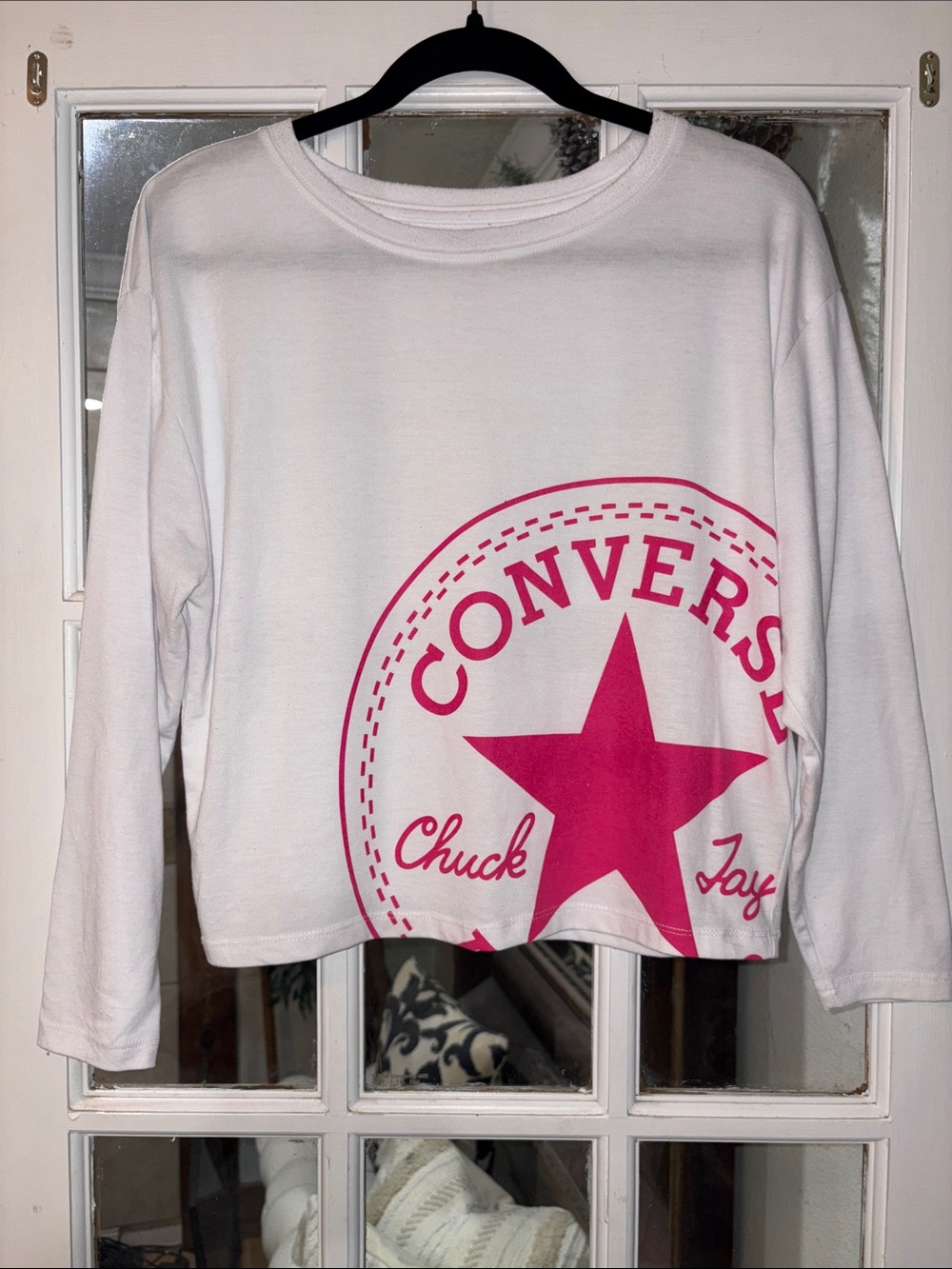 Converse White Long Sleeve Crop Top with Pink Star Logo Large